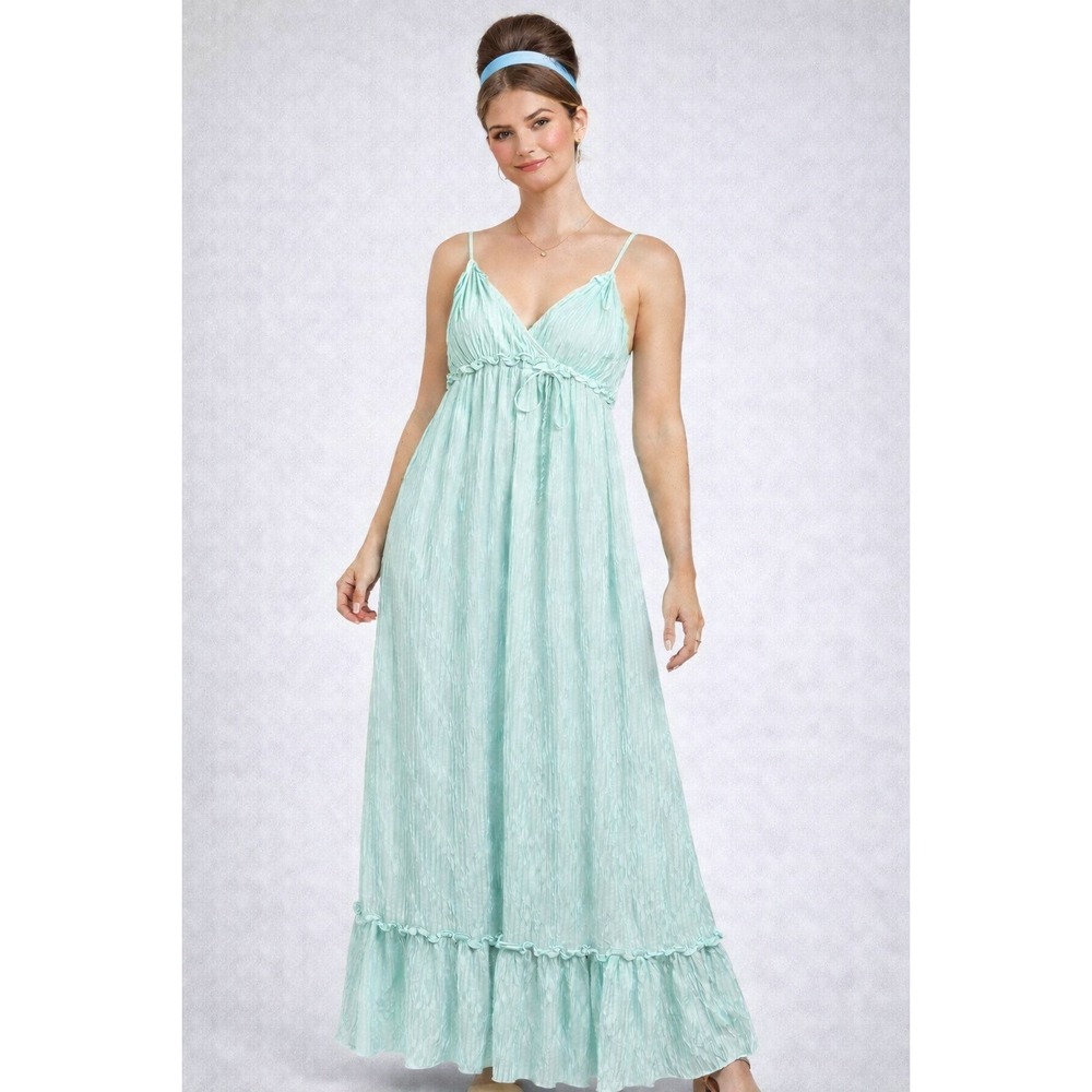 VTG 60s 70s Mary McFadden Babydoll Pleated Maxi Dress Gown Blue Sz L